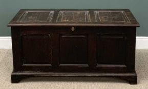EARLY 20TH CENTURY OAK BLANKET BOX with three panelled lid and front, 64 (h) x 129 (w) x 56cms (d)