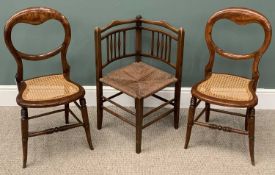THREE SMALL CHAIRS comprising walnut cane seat corner chair with spindle back and a pair of cane