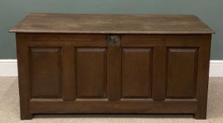 19TH CENTURY OAK COFFER having four fielded panel front with lift top, 69 (w) x 144 (w) x 61cms (