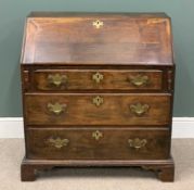 19TH CENTURY OAK BUREAU with three drawers, brass drop handles, bracket feet, 101 (h) x 96 (w) x
