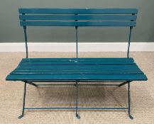 COMPACT WOODEN SLATTED METAL FRAMED GARDEN BENCH painted green, 90 (h) x 107 (w) x 47cms (d)
