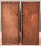 PAIR NARROW ANTIQUE MAHOGANY CUPBOARDS with interior shelves, 94 (h) x 38.5 (w) x 38cms (d)