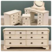 MODERN BEDROOM FURNITURE coloured white, a multi-drawer chest, 71 (h) x 160 (w) x 47cms (d), a