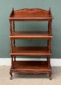 20TH CENTURY MAHOGANY FOUR SHELF WHATNOT on turned and serpentine supports with a rail back top, 126