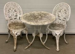 GARDEN TABLE & CHAIRS reticulated white painted, 84 (h) x 70cms (diam.) with two chairs