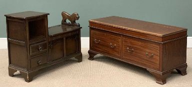 MID-CENTURY ERA OAK BOX SEAT PHONE TABLE with lift lid and two drawers and lion handle, 73 (h) x