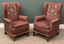 PAIR OF ANTIQUE WINGBACK ARMCHAIRS on block supports, 102 (h) x 71 (w) x 56cms seat (d)