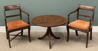 CIRCA 1900 MAHOGANY CIRCULAR TOP COFFEE TABLE & CHAIRS, 55 x 81cms and a pair of sabre back type