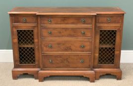 REPRODUCTION YEW EFFECT BREAKFRONT SIDEBOARD with central drawers, 76 (h) x 119 (w) x 34cms (d)