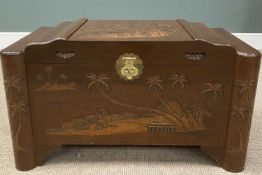 CHINESE CARVED CAMPHOR WOOD CHEST with accompanying lock in tray, 52 (h) x 92 (w) x 47cms (d)