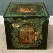 VINTAGE TIN BOX with hinged lift top lid with classically painted scenes, 46 (h) x 51 (w) x 51cms (