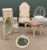 FURNITURE ASSORTMENT (6) to include: French style small bedroom chest, dressing table stool, chairs,