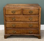20th CENTURY POLISHED OAK CHEST of two over three long drawers with brass drop handles and bracket