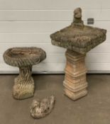 GARDEN STONEWARE comprising squirrel bird bath 87 (h) x 50 (w) x 50cms (d), log bird bath 46 (h) x