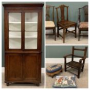 ANTIQUE OAK FLOOR STANDING CORNER CUPBOARD, the top with twin glazed doors and painted shelved