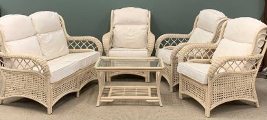 FINE MODERN CANE CONSERVATORY SUITE comprising: two seater sofa, 94 (h) x 130 (w) x 85cms (d), three