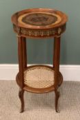 REPRODUCTION FRENCH KINGWOOD TYPE WINE TABLE, circular with brass mounts, inlay and a base cane