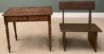ANTIQUE PINE TYPE TWO DRAWER SIDE TABLE, 77 (h) x 91 (w) x 49cms (d) and a small polished bench,