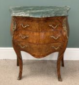 BOMBE THREE DRAWER CHEST - reproduction French, Kingwood, burr walnut with green marble top, brass