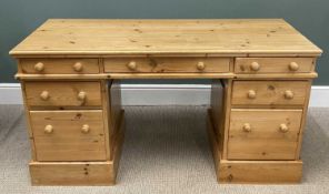 MODERN LIGHT PINE DESK/DRESSING TABLE, twin pedestal, 76 (h) x 140 (w) x 60cms (d) including knobs