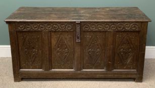 EARLY 18TH CENTURY COFFER with four panelled carved front and iron clasp, 70 (h) x 145 (w) x