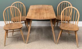 ERCOL DROP LEAF TABLE & SET OF FOUR HOOP & SPINDLE BACK CHAIRS, 71(h) x 65(w) x 125/113 (d) cms