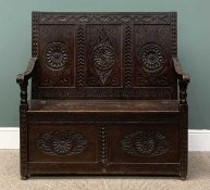 OAK BOX SEAT SETTLE with three panel carved back and arms and two panel front, lift-lid seat, 109 (