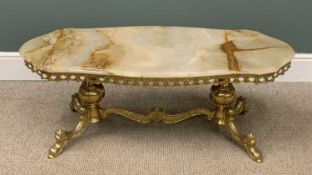 ONYX & BRASS EFFECT LONG-JOHN COFFEE TABLE, the top shaped, 44 (h) x 117 (w) x 49cms (d) Provenance: