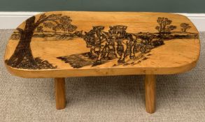 LIGHT WOOD CHUNKY COFFEE TABLE with pokerwork scene of horses ploughing to the surface, 45 (h) x 100