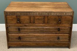20th CENTURY POLISHED OAK CHEST OF THREE LONG DRAWERS with linenfold detail, 71 (h) x 108 (w) x