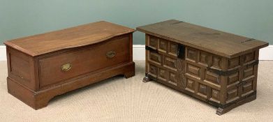 MID-CENTURY OAK JACOBEAN STYLE METAL BANDED LOCKABLE CHEST, 52 (h) x 110 (w) x 50cms (d) and a