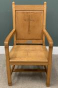 ECCLESIASTICAL LIGHT OAK CHAIR with carved crucifix to the back and a plaque dated 1963, 107 (h) x