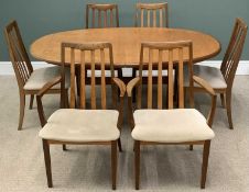G PLAN, MID-CENTURY TEAK EXTENDING TABLE, 72 (h) x 163/210 (w) x 107cms (d) and a set of six