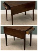 TWO SIMILAR GEORGIAN MAHOGANY PEMBROKE TABLEs, with brass knobs to the drawers, on tapered supports,
