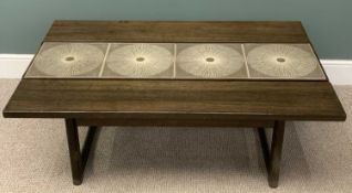 MID-CENTURY OAK TYPE, SUBSTANTIAL COFFEE TABLE with tiled middle plank, 49 (h) x 136 (w) x 88cms (d)