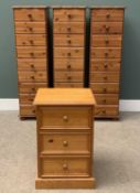MODERN PINE THREE TALL NARROW CHESTS OF NINE DRAWERS, 141 (h) x 43 (w) x 39cms (d) and a smaller