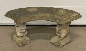 GARDEN STONEWARE comprising ornamental curved bench with squirrel supports, 49 (h) x 113 (w) x 40cms