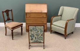 FURNITURE ASSORTMENT (4) to include Art Deco type upholstered armchair, a light oak bureau etc.