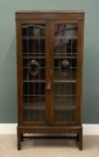 NARROW OAK BOOKCASE circa 1930, with twin leaded glass doors, label for makers Aw-Lyn, 160 (h) x