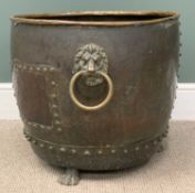 LARGE ANTIQUE COPPER LOG BIN with lion mask ring handles, on claw feet, 52 (h) x 57cms diameter