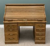 REPRODUCTION LIGHT OAK ROLL-TOP DESK, 129 (h) x 138 (w) x 74cms (d) Provenance: private collection