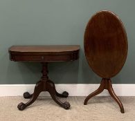VICTORIAN MAHOGANY FOLDOVER TEA TABLE, bow fronted on four-footed turned pedestal, 72 (h) x 92 (w) x