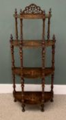 VICTORIAN STYLE MAHOGANY FOUR-SHELF WHATNOT, halfmoon with fretwork railback and turned supports,