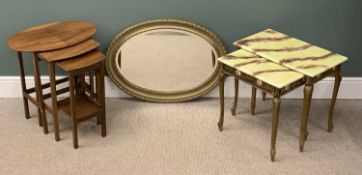 NEST OF THREE OVAL TOPPED WALNUT COFFEE TABLES, 61 (h) x 59 (w) x 40cms (d), nest of two faux onyx