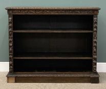 19TH CENTURY OAK CARVED BOOKCASE with adjustable shelves, 114 (h) x 140 (w) x 35cms (d)