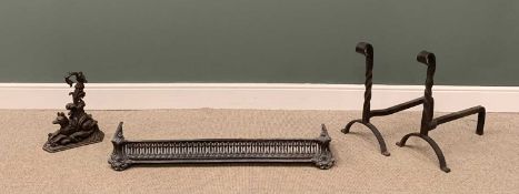 IRONMONGERY comprising substantial cast fire-dogs,59 (h) x 60 (w) x 39cms (d), fender, 20 (h) x