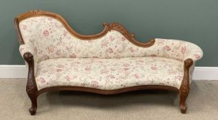SHAPELY EDWARDIAN CHAISE LONGUE in floral upholstery, 89 (h) x 215 (w) x 90cms (d) Provenance: