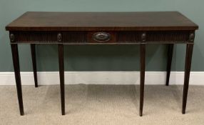 VICTORIAN MAHOGANY SERVING TABLE with central drawer and on six tapered supports, 89 (h) x 167 (w) x