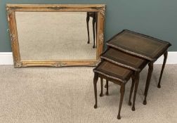 LARGE GILT FRAMED BEVELLED GLASS MIRROR, 77 x 107cms and a nest of three reproduction coffee