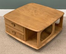 ERCOL ELM 'PANDORA'S BOX' COFFEE TABLE with two drawers and on castors, 40 (h) x 80 (w) x 80cms (